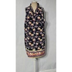 Crown & Ivy Blue Pink White Ruffle V-Neck Sleeveless Elephant Print Dress Sz 16